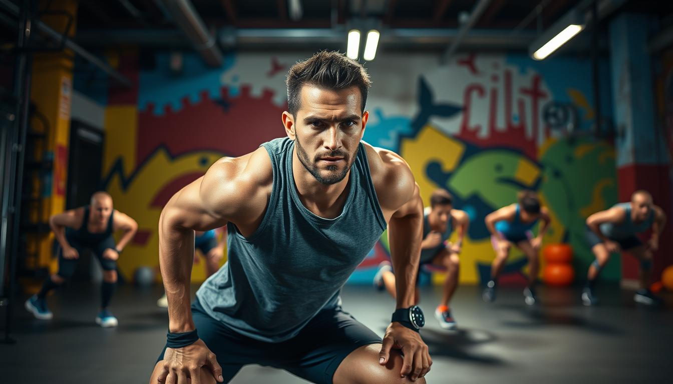 A dynamic, high-intensity interval training (HIIT) workout session featuring a model performing a series of intense bodyweight exercises against a vibrant, energetic backdrop. The foreground depicts the model executing a variety of exercises such as burpees, push-ups, and squat jumps with a focused, determined expression. The middle ground showcases additional participants engaged in the same workout, conveying a sense of camaraderie and motivation. The background features a vibrant, colorful environment with elements that suggest an urban or gym setting, creating an atmosphere of intensity and vitality. Dramatic lighting and a wide-angle lens capture the energy and physicality of the scene, emphasizing the effectiveness of this bodyweight HIIT routine.