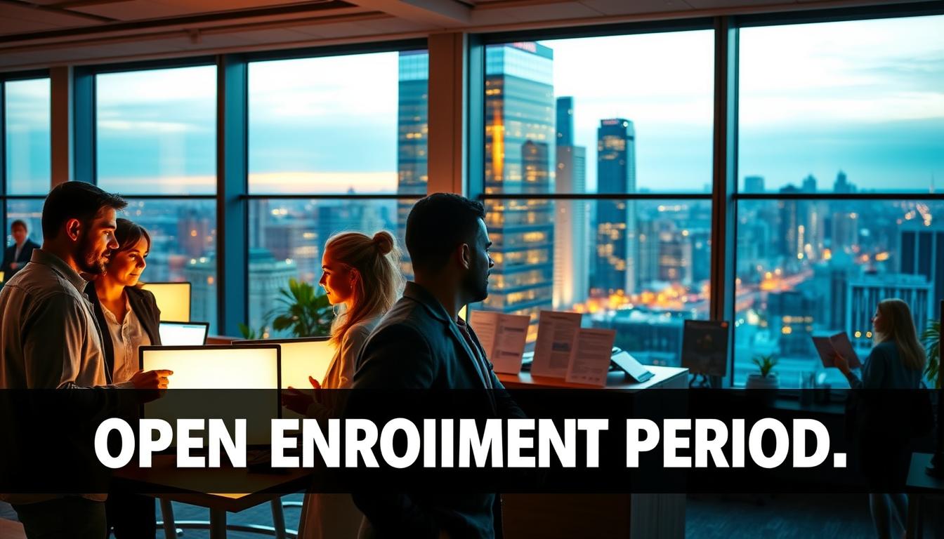 A dynamic open enrollment period scene set in a modern office. In the foreground, a group of professionals discussing healthcare plan options, their faces illuminated by the warm glow of computer screens. In the middle ground, a reception desk with signage and brochures guiding visitors through the enrollment process. The background features tall windows overlooking a vibrant cityscape, bathed in the soft, diffused light of a golden hour. The overall atmosphere is one of purposeful activity, with a sense of urgency and anticipation to make the right healthcare choices during this critical time.