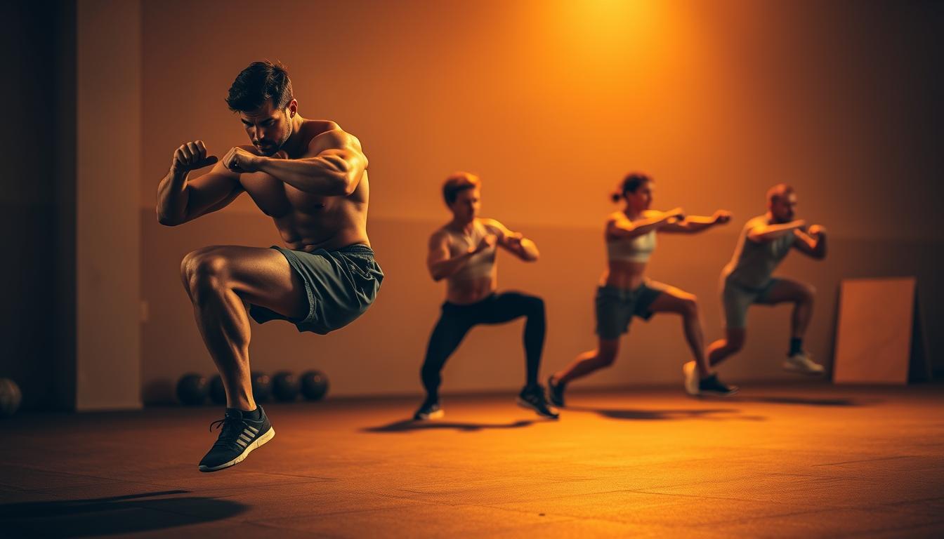 A dynamic scene of a person performing a variety of lower body power exercises. In the foreground, a muscular person is executing a powerful squat jump, their legs extended and powerful. In the middle ground, another individual is doing a series of weighted lunges, their torso upright and core engaged. In the background, a third person is performing bounding exercises, their legs propelling them powerfully off the ground. The scene is bathed in vibrant, warm lighting, highlighting the definition and movement of the figures. The atmosphere conveys a sense of focused intensity and physical vitality.