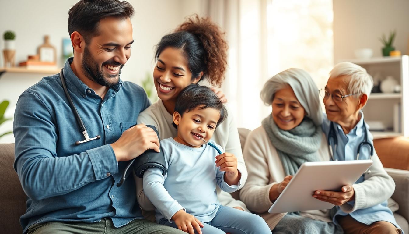 A dynamic scene of preventive healthcare unfolds: a cheerful family embracing in a sun-dappled living room, surrounded by medical equipment and symbols of wellness. The father checks his blood pressure, mother assists the young child with a stethoscope, and grandparents review medication schedules. Vibrant colors, warm lighting, and a sense of harmony convey the benefits of proactive, holistic care that can save time and money. The composition balances the foreground activity with a blurred background featuring a modern, well-equipped doctor's office. This image encapsulates the essence of preventive care and its power to safeguard health and financial security.