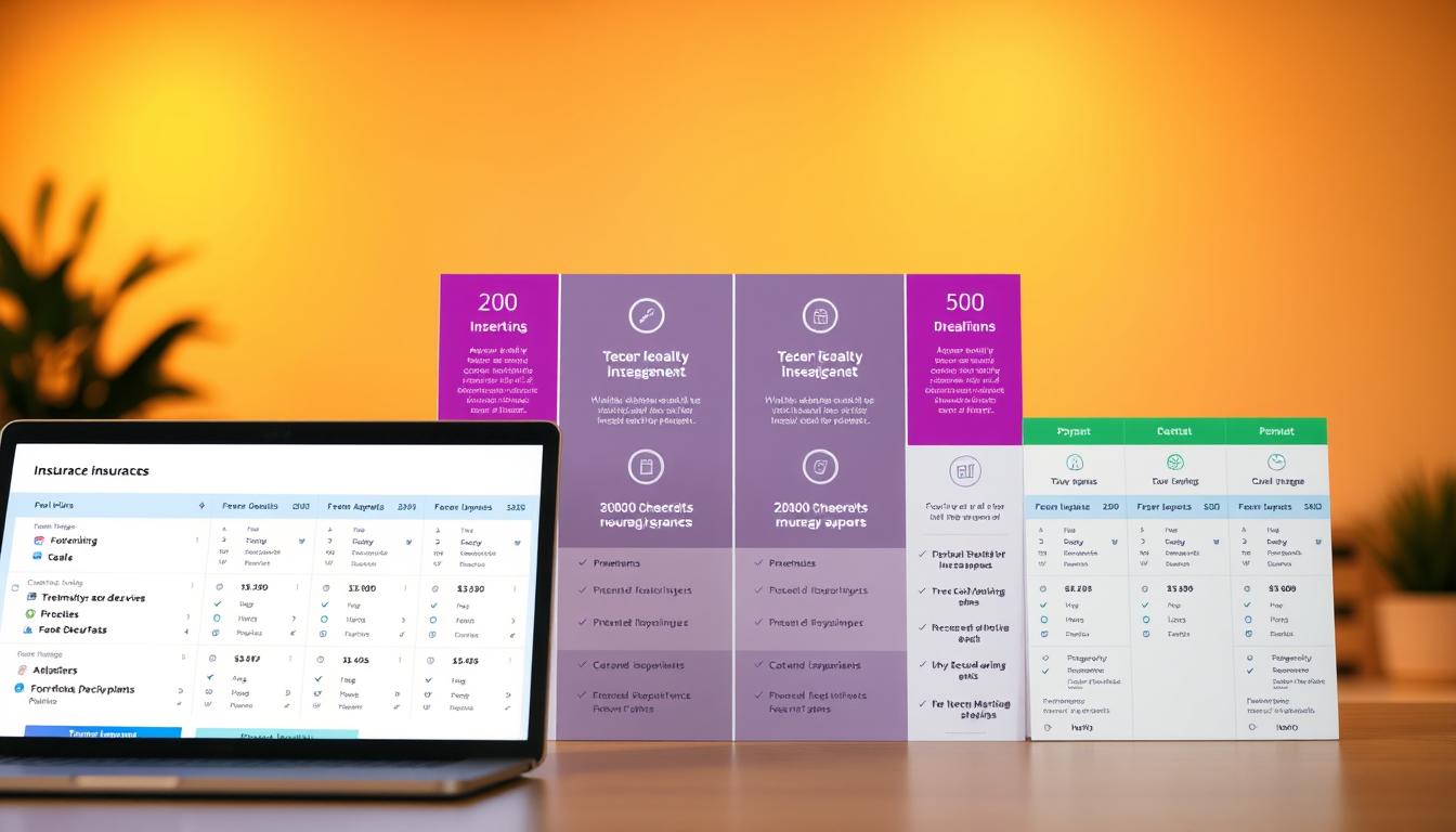 A dynamic side-by-side comparison of insurance plans, showcasing a vibrant array of options. In the foreground, a sleek, modern interface displays detailed plan details, premiums, and coverage levels. The middle ground features a clean, minimalist layout, with elegant icons and infographics that highlight the key differences between plans. The background is bathed in a warm, inviting glow, suggesting a sense of clarity and confidence in the decision-making process. The overall atmosphere conveys a well-organized, user-friendly experience, empowering the viewer to find the most cost-effective health insurance plan without compromise.