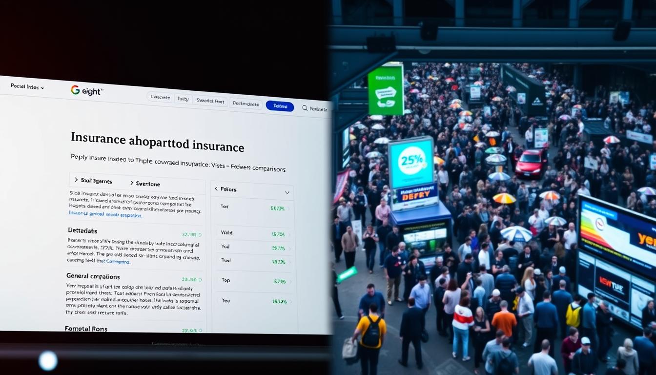 A dynamic split-screen composition juxtaposing two distinct insurance comparison experiences. In the foreground, a sleek, minimalist niche insurance site with detailed coverage data and personalized recommendations, bathed in a cool, contemporary palette. In the background, a bustling, cluttered general comparison site overwhelmed with options and advertisements, rendered in a warmer, more vibrant color scheme. The contrasting environments evoke a sense of clarity and focus for the niche site versus the complexity and distraction of the general aggregator. Elegant, high-resolution rendering with a shallow depth of field to emphasize the central comparison.