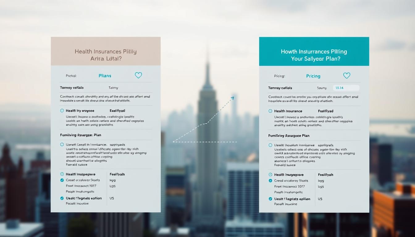 A dynamic split-screen layout, showcasing two side-by-side health insurance plan options. The foreground features a clean, vibrant comparison of plan details, with clear icons and concise information. The middle ground presents a subtle graph or chart, highlighting the key differences in coverage and pricing. The background depicts a softly blurred cityscape, suggesting the real-world context in which these plans would be used. The overall mood is one of clarity, purpose, and a sense of empowered decision-making.