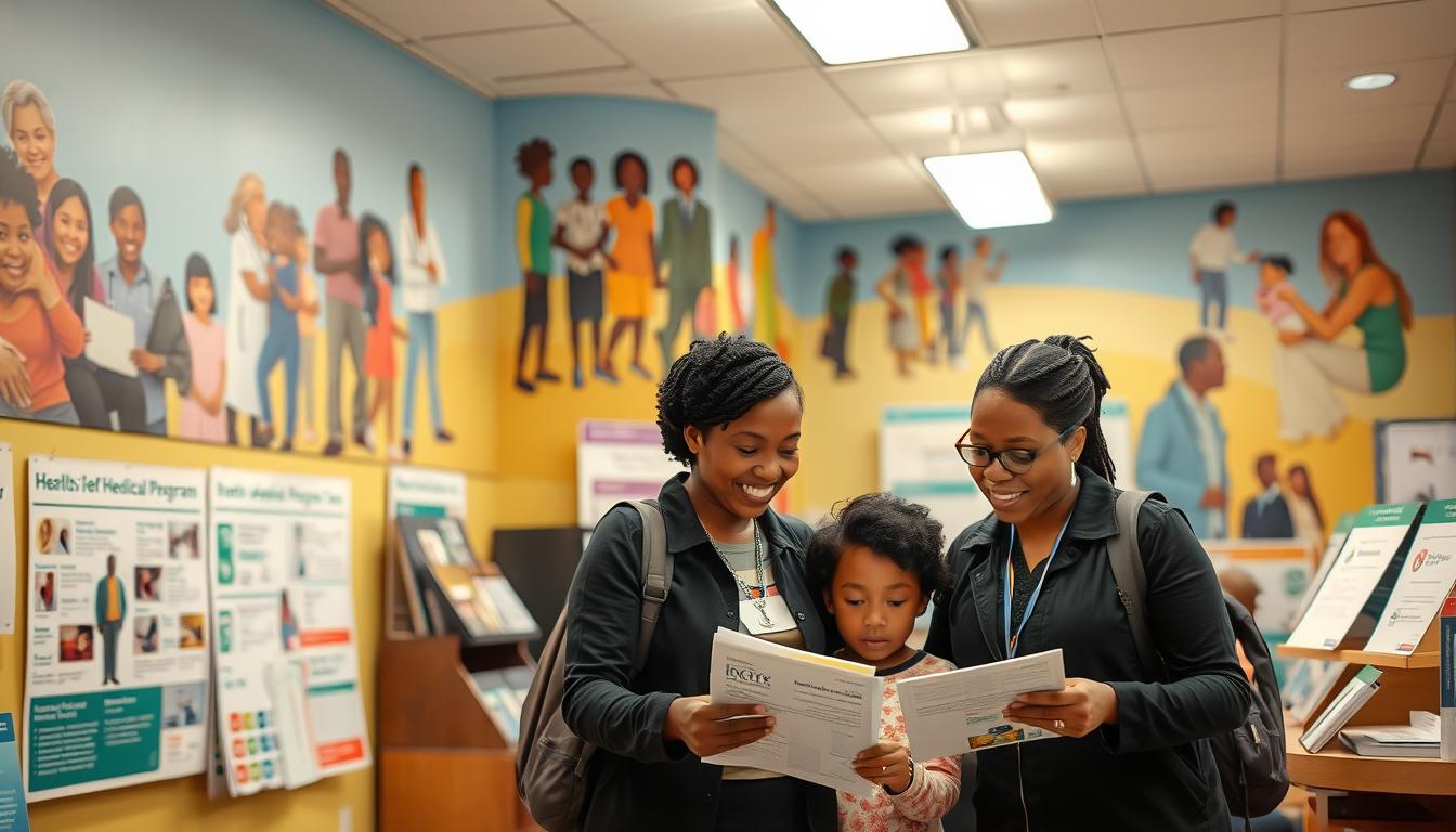 A dynamic, well-lit healthcare assistance program office, with a warm, inviting atmosphere. In the foreground, a smiling caseworker assists a low-income family, guiding them through enrollment forms and brochures. The middle ground showcases informative displays and posters highlighting various coverage options and eligibility criteria. In the background, a vibrant mural depicts diverse individuals accessing a range of medical services, conveying a sense of inclusivity and accessibility. The overall scene exudes a feeling of support and empowerment, reflecting the importance of accessible healthcare for underserved communities.