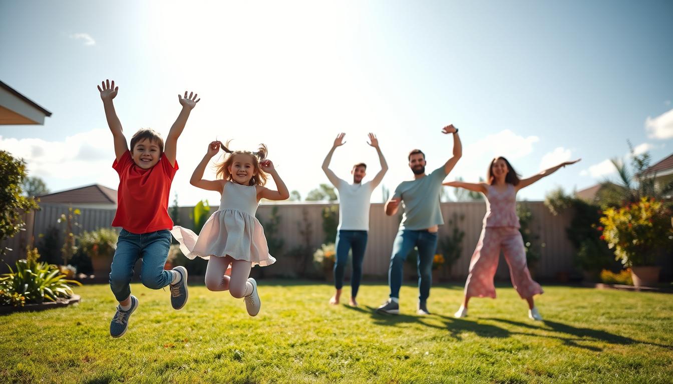 A family of four engaged in various fitness activities in a bright, sunlit backyard. In the foreground, a young boy and girl joyfully perform jumping jacks, their faces radiating enthusiasm. In the middle ground, the parents demonstrate yoga poses, their bodies in fluid motion. In the background, a well-tended garden and a vibrant, cloudless sky create a serene, nurturing environment. The scene is captured with a wide-angle lens, highlighting the dynamic energy and togetherness of this active, vibrant family.