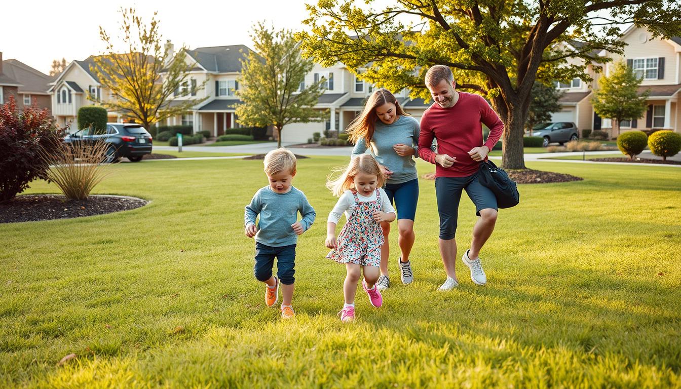 A family of four - parents, a young boy, and a toddler girl - exploring their suburban neighborhood on an outdoor scavenger hunt. In the vibrant foreground, the children eagerly search for hidden clues, their laughter and excitement palpable. The parents, dressed in activewear, guide and encourage them, fostering a sense of adventure and togetherness. The middle ground features a well-manicured lawn, dotted with trees and shrubs, creating a lush, natural backdrop. In the distance, the homes of the quiet, residential area are visible, bathed in the warm glow of the afternoon sun. The overall scene conveys a sense of active, joyful family bonding amidst the familiar comforts of the neighborhood.