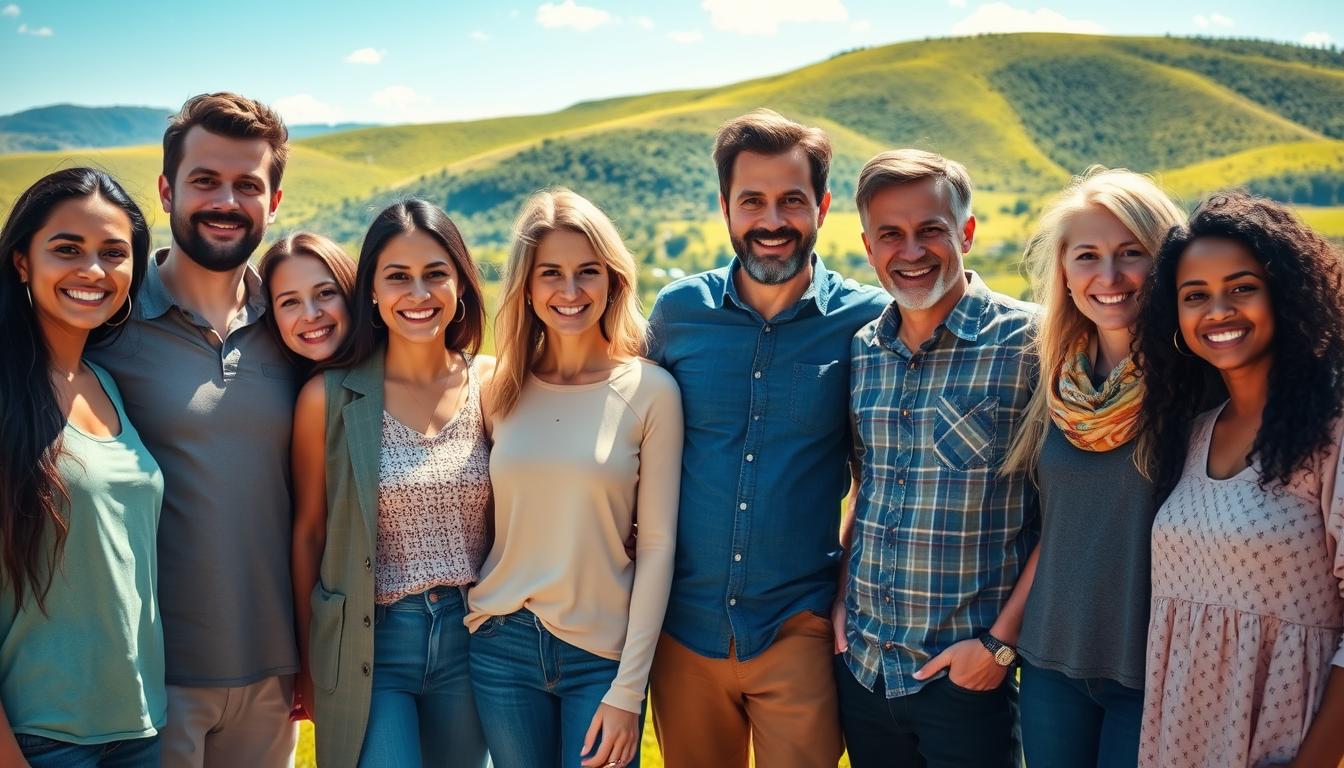 A group of people from diverse backgrounds, each with a unique story of personal transformation, standing together in a vibrant, sunlit setting. Warm, natural lighting illuminates their faces, conveying a sense of hope and accomplishment. In the background, a lush, verdant landscape with rolling hills and a clear blue sky sets the scene. The foreground features the individuals, their expressions radiating positivity and confidence, as they celebrate their journey towards healthier eating habits and an empowered CCK response.