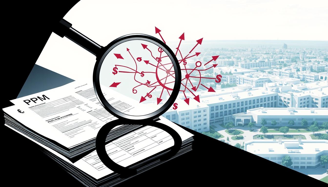 A high-contrast, detailed illustration depicting the concept of "PBM spread pricing". In the foreground, a magnifying glass hovers over a stack of medical bills, casting a sharp shadow. The middle ground showcases a complex web of arrows, lines, and dollar signs, representing the intricate pricing mechanisms of pharmaceutical benefit managers (PBMs). In the background, a panoramic view of a bustling hospital campus, conveying the scale and impact of this issue on the healthcare system. The overall atmosphere is vibrant, technical, and thought-provoking, drawing the viewer's attention to the hidden fees and pricing practices that can drive up drug costs for healthcare plans.