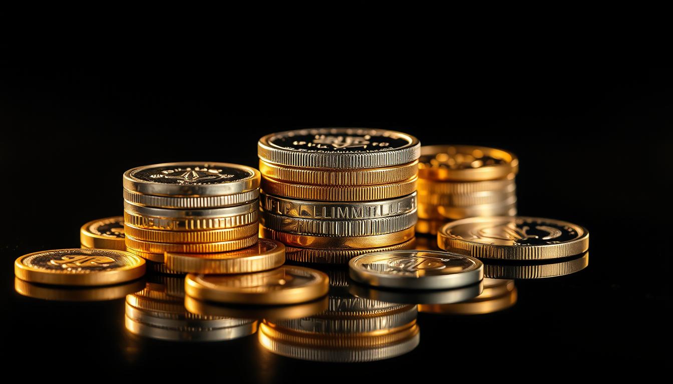 A high-contrast, vibrant still life featuring a stack of metallic objects - premium-quality silver, bronze, gold, and platinum coins or medallions. The objects are placed on a reflective black surface, casting dramatic shadows and creating a sense of depth and dimension. Warm, directional lighting illuminates the shiny, lustrous surfaces, highlighting the unique properties and visual textures of each metal. The composition is carefully balanced, with the coins arranged in an asymmetrical yet visually pleasing layout. The overall mood is one of luxury, prestige, and financial security.