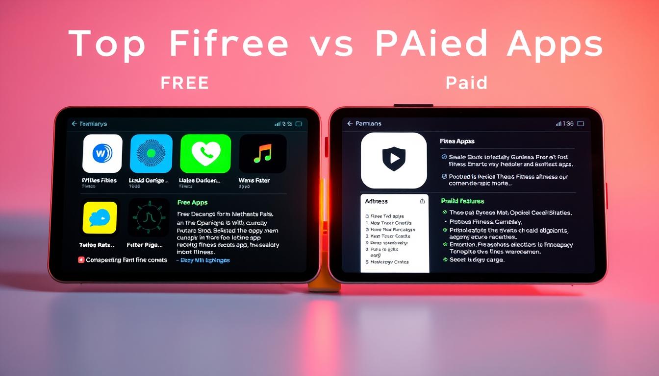 A high-quality, well-lit comparison between the top free and paid fitness apps, showcased on a sleek, contemporary device against a vibrant, minimalist background. The free apps appear on the left, their icons and descriptions neatly organized, while the paid apps are displayed on the right, their premium features highlighted. The device's screen emits a warm, natural glow, drawing the viewer's attention to the app details. The overall composition is balanced, with a focus on clarity and professionalism, reflecting the "Expert Recommendations" section of the article.