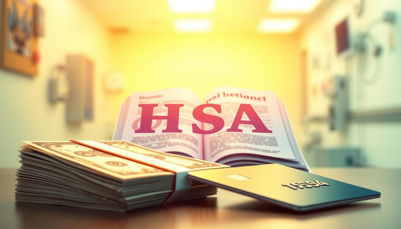 A high-resolution, digitally rendered illustration of a health savings account (HSA). In the foreground, a stack of dollar bills and a debit card are prominently displayed, suggesting the financial aspects of an HSA. The middle ground features a vibrant, detailed illustration of an open book or document, showcasing the key details and benefits of an HSA. In the background, a soft, blurred medical-themed environment with hospital equipment or a doctor's office creates a calming, professional atmosphere. The overall scene is bathed in a warm, vibrant lighting that enhances the sense of financial security and wellness associated with a well-managed HSA.