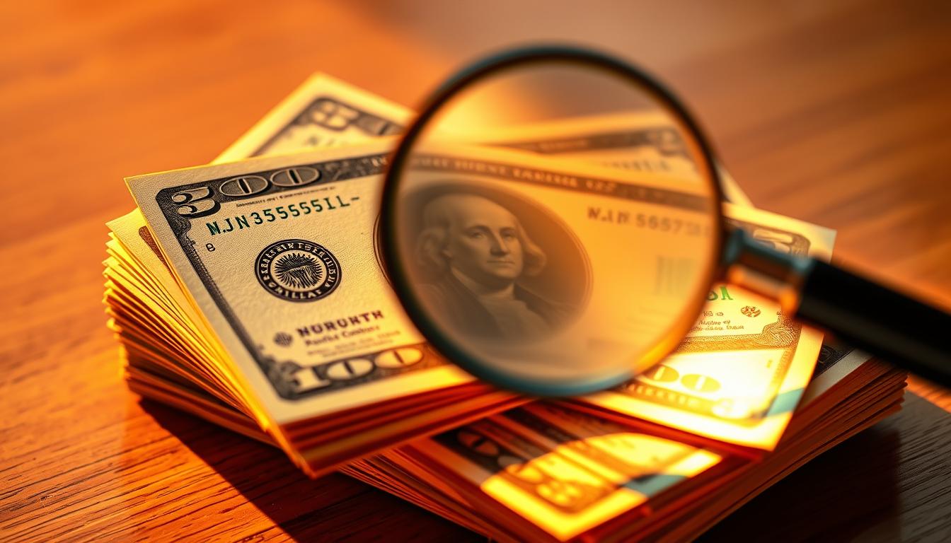 A high-resolution, photorealistic illustration of premium tax credits in the context of healthcare subsidies. Depicted as a stack of US dollar bills with a magnifying glass hovering over them, bathed in warm, vibrant lighting that casts dynamic shadows. The bills appear crisp and well-defined, conveying a sense of financial significance and potential savings. The background is slightly blurred, keeping the focus on the central subject matter. The overall mood is one of opportunity and financial empowerment, reflecting the importance of understanding healthcare subsidies to reduce monthly insurance costs.
