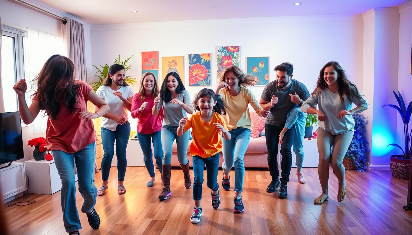 A lively family dance party in a cozy living room, with warm lighting and a vibrant color palette. In the foreground, a group of parents and children enthusiastically moving to an upbeat, rhythmic soundtrack, their bodies in joyful synchronization. The middle ground features a mix of playful dance moves and shared laughter, capturing the energy and camaraderie of the moment. In the background, a glimpse of vibrant wall art and plants, creating a welcoming, homey atmosphere that invites the viewer to join the festivities. The overall scene radiates a sense of movement, energy, and the pure delight of a family bonding through music-driven exercise.