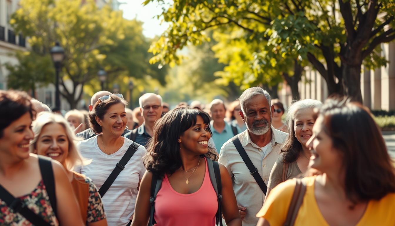 A lively group of individuals of diverse ages and backgrounds strolling together along a picturesque city street. The foreground features a mix of people engaged in lively conversation, some gesturing animatedly. In the middle ground, the group meanders through a tree-lined avenue, the vibrant foliage providing a natural backdrop. The lighting is warm and inviting, creating a sense of community and camaraderie. The scene conveys a mood of shared purpose, fitness, and social connection, reflecting the vibrant energy of a thriving walking group. A lively group of individuals of diverse ages and backgrounds strolling together along a picturesque city street. The foreground features a mix of people engaged in lively conversation, some gesturing animatedly. In the middle ground, the group meanders through a tree-lined avenue, the vibrant foliage providing a natural backdrop. The lighting is warm and inviting, creating a sense of community and camaraderie. The scene conveys a mood of shared purpose, fitness, and social connection, reflecting the vibrant energy of a thriving walking group.