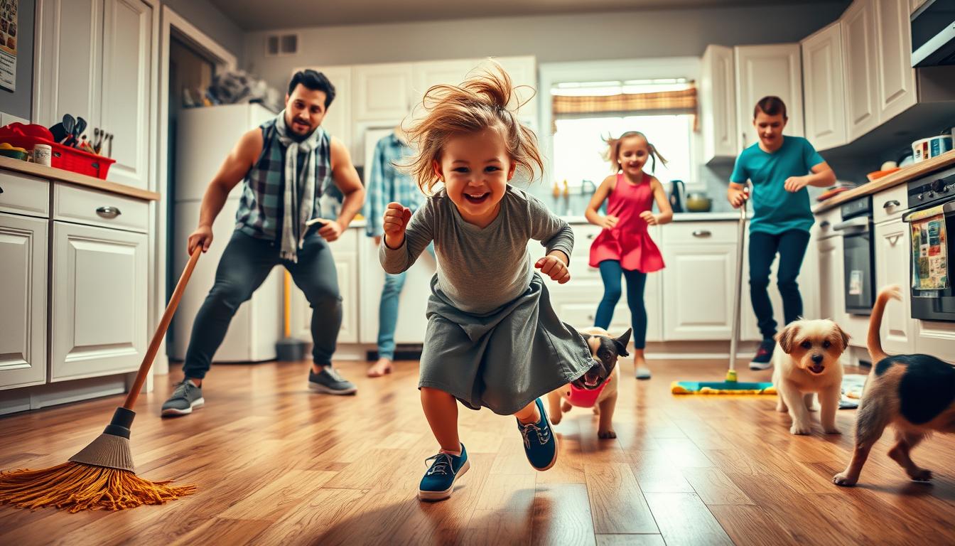 A lively scene of a family engaging in fitness challenges during their household chores. In the foreground, a young child enthusiastically sweeps the floor, their movements exaggerated as they leap and twirl. Behind them, a parent does squats while folding laundry, their face flushed with determination. In the middle ground, siblings race to mop the kitchen, their competitive spirit fueling their efforts. In the background, the family's pets join in the fun, chasing a ball or weaving between legs. The lighting is vibrant, casting a warm glow over the energetic tableau, capturing the joy and togetherness of this family fitness routine.