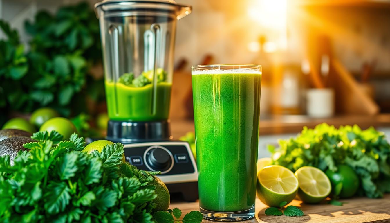 A lush, sun-dappled kitchen counter overflows with an array of fresh, verdant ingredients - ripe avocados, crisp kale, fragrant mint, and juicy limes. In the foreground, a high-powered blender whirs to life, blending the vibrant produce into a silky, energy-boosting green smoothie. The smooth, vibrant emerald liquid fills a tall glass, beaming with health and vitality. Rays of warm, golden light filter through the window, casting a luminous glow over the scene, infusing it with a sense of natural radiance and wellness. The overall mood is one of vibrant, nourishing abundance, perfectly capturing the essence of a budget-friendly, fat-burning green smoothie.