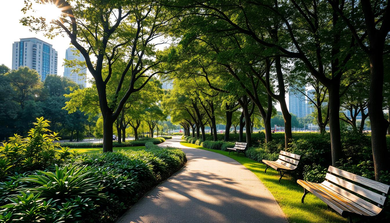 A lush, verdant pathway winds through a serene urban landscape, merging the natural and man-made worlds. Sunlight filters through a canopy of towering trees, casting a warm, vibrant glow over the scene. The path is flanked by neatly manicured foliage and interspersed with weathered, wooden benches, inviting visitors to pause and take in the surroundings. In the distance, modern high-rises and office buildings rise up, creating a harmonious contrast between the built environment and the tranquil oasis underfoot. The atmosphere is one of balance and rejuvenation, where the stresses of city life are soothed by the embrace of nature. A lush, verdant pathway winds through a serene urban landscape, merging the natural and man-made worlds. Sunlight filters through a canopy of towering trees, casting a warm, vibrant glow over the scene. The path is flanked by neatly manicured foliage and interspersed with weathered, wooden benches, inviting visitors to pause and take in the surroundings. In the distance, modern high-rises and office buildings rise up, creating a harmonious contrast between the built environment and the tranquil oasis underfoot. The atmosphere is one of balance and rejuvenation, where the stresses of city life are soothed by the embrace of nature.