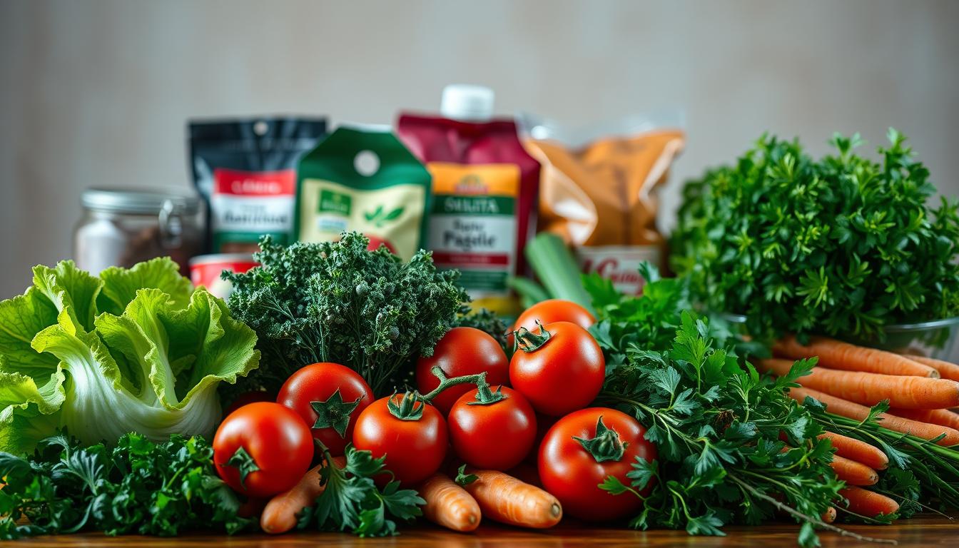 A meticulously arranged still life showcasing a quality comparison of fresh ingredients. In the foreground, a vibrant array of seasonal produce - crisp lettuce, juicy tomatoes, crunchy carrots, and fragrant herbs - arranged with an eye for color and texture. The middle ground features neatly packaged grocery items, their labels facing the camera, creating a visual contrast with the raw ingredients. The background is a softly lit, neutral backdrop, allowing the vibrant colors and textures to take center stage. Captured with a shallow depth of field, the image emphasizes the quality and freshness of the ingredients, inviting the viewer to consider the difference between store-bought and home-cooked meals. A meticulously arranged still life showcasing a quality comparison of fresh ingredients. In the foreground, a vibrant array of seasonal produce - crisp lettuce, juicy tomatoes, crunchy carrots, and fragrant herbs - arranged with an eye for color and texture. The middle ground features neatly packaged grocery items, their labels facing the camera, creating a visual contrast with the raw ingredients. The background is a softly lit, neutral backdrop, allowing the vibrant colors and textures to take center stage. Captured with a shallow depth of field, the image emphasizes the quality and freshness of the ingredients, inviting the viewer to consider the difference between store-bought and home-cooked meals.