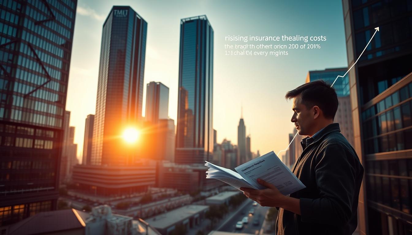 A modern cityscape with towering glass skyscrapers, casting long shadows on the bustling streets below. In the foreground, a person stands, their expression pensive as they study a stack of documents - medical bills, insurance policies, financial statements. The lighting is vibrant, with the warm glow of the setting sun filtering through the buildings, creating a sense of urgency and the need for action. In the background, a graph or chart visualizes the steadily rising costs of health insurance premiums, the numbers climbing ever higher. The scene conveys the weight of these financial burdens and the challenge of navigating the complex healthcare system.