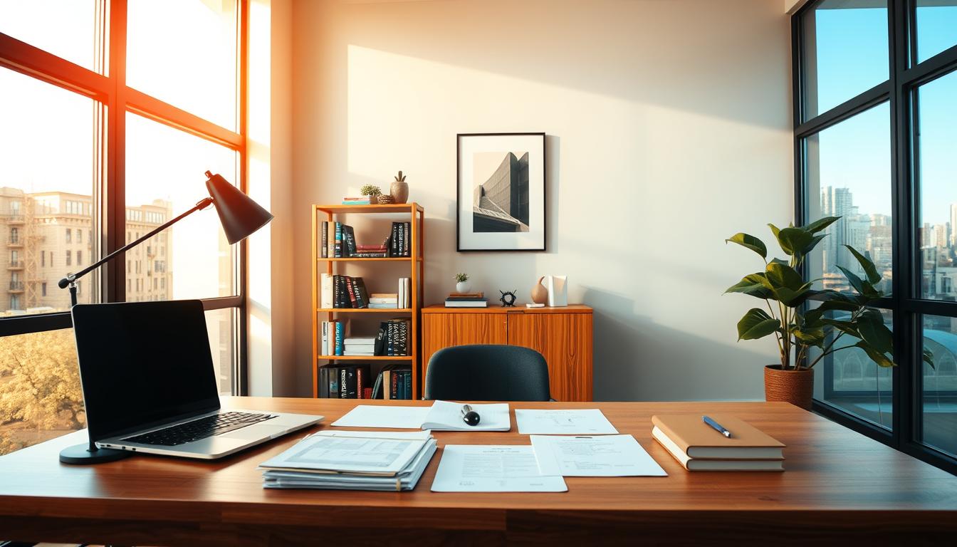 A modern, clean-lined office setting, flooded with warm, vibrant natural light from large windows. A wooden desk dominates the foreground, its surface covered in neatly arranged documents, a laptop, and a stylish desk lamp. In the middle ground, a well-stocked bookshelf stands, its shelves displaying a mix of hardcover books and decorative elements. The background features a minimalist, neutral-toned wall, accentuated by a sleek, framed art piece. The overall atmosphere conveys a sense of professionalism, organization, and attention to detail, setting the stage for understanding the intricacies of health plan costs.