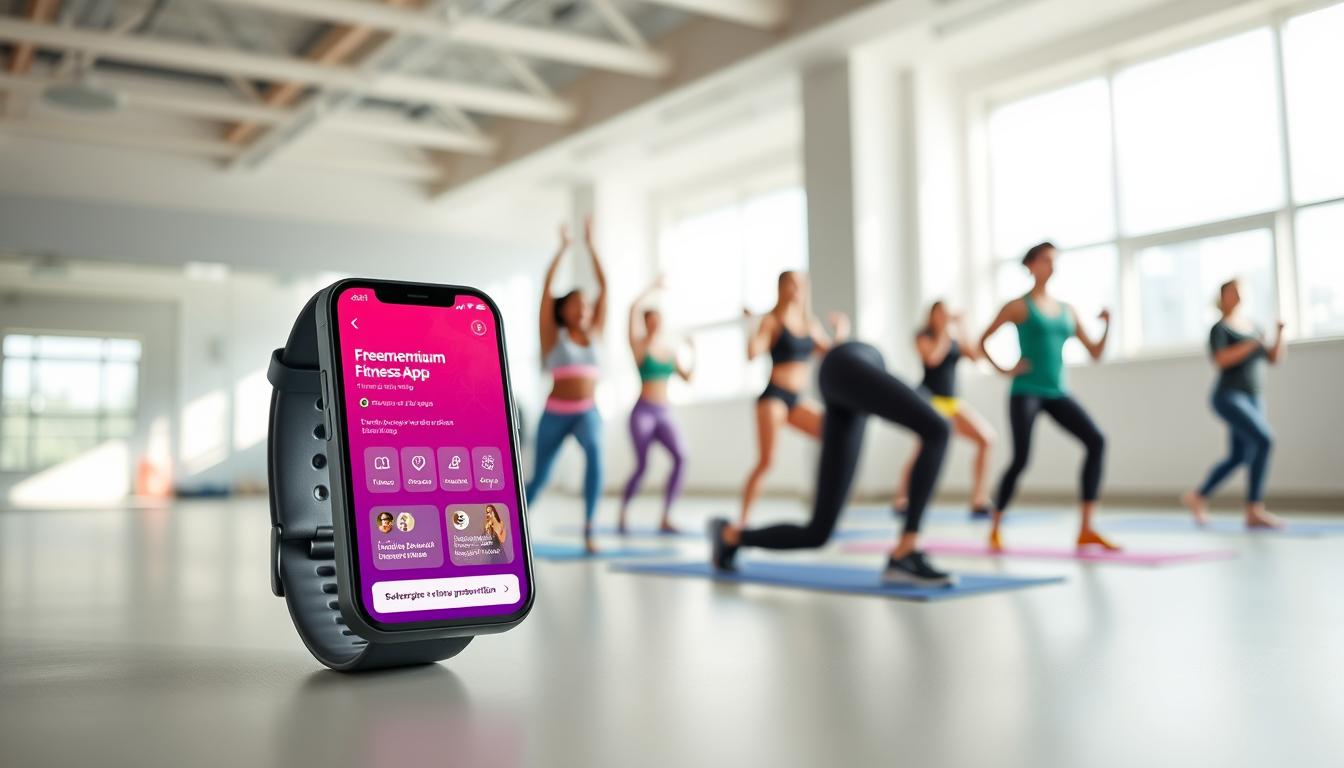 A modern fitness studio with a vibrant, minimalist aesthetic. In the foreground, a sleek fitness tracker and a smartphone displaying a freemium fitness app's interface, showcasing its key features and subscription options. The middle ground features a group of diverse individuals engaged in various exercises, highlighting the app's workout routines and community aspects. The background depicts a bright, airy space with large windows, natural light, and clean lines, creating an inviting and aspirational atmosphere for the fitness app experience.