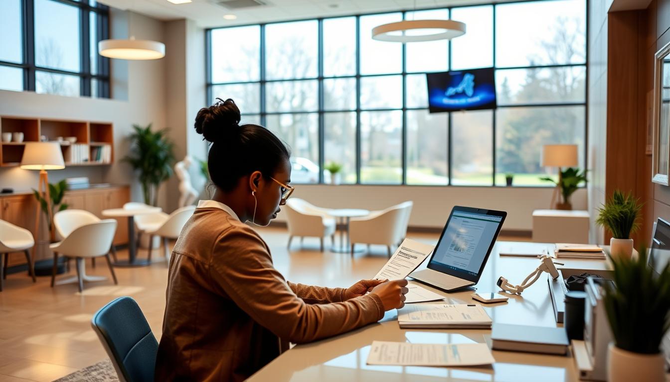 A modern healthcare clinic with a warm, inviting atmosphere. In the foreground, a person sits at a desk, meticulously reviewing paperwork and digital screens, symbolizing the Medicaid renewal process. The middle ground features sleek, minimalist furniture and decor, conveying a sense of professionalism and efficiency. The background showcases large windows, allowing natural light to flood the space and creating a vibrant, uplifting ambiance. The overall scene reflects the importance of Medicaid, Essential Plan, and Child Health Plus renewals in New York, with a focus on the seamless, user-friendly experience.