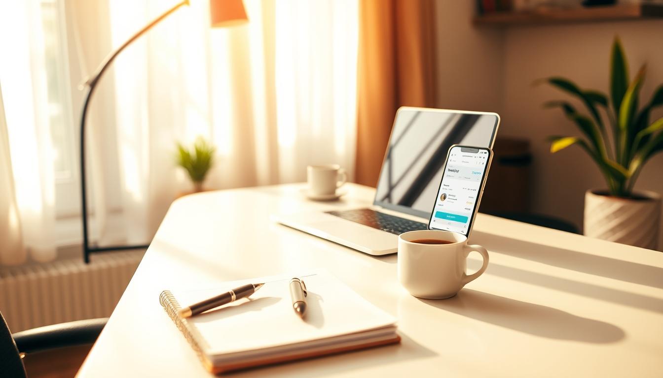 A modern home office setup with a sleek, minimalist desk, a laptop, and a smartphone displaying a budgeting app. Warm, natural lighting floods the space, creating a focused and productive atmosphere. On the desk, a paper planner, a pen, and a cup of coffee suggest a thoughtful approach to managing finances. The room is decorated with subtle, earthy tones, creating a vibrant, yet calming environment that encourages mindful budgeting and financial planning.
