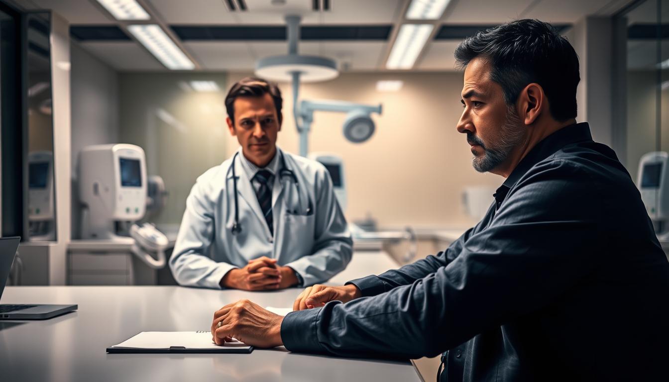 A modern medical office, with a large desk in the foreground where a patient is seated, facing a stern-looking insurance agent. The office is filled with a vibrant, clinical atmosphere, with gleaming medical equipment in the background. The agent's expression conveys a sense of authority, while the patient appears anxious, as if navigating a complex pre-authorization process. Soft, directional lighting casts dramatic shadows, heightening the tension of the scene. The overall mood suggests the challenges and hidden pitfalls that patients may face when seeking pre-authorization for healthcare coverage.
