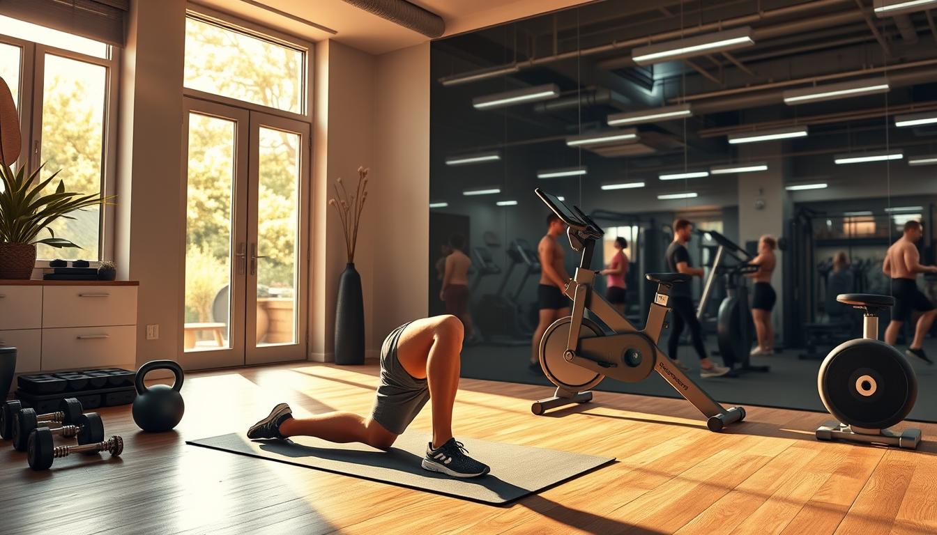 A modern, minimalist home gym setup contrasts with a crowded, dimly lit commercial gym in a vibrant, dynamic composition. In the foreground, a person performs resistance training exercises on a yoga mat, surrounded by free weights, a kettlebell, and a sleek exercise bike. Sunlight streams in through large windows, casting warm, golden light. In the background, the bustling gym scene features people using various machines and equipment, with a sense of distractions and less personalized attention. The image conveys the effectiveness and convenience of home workouts compared to the challenges of maintaining motivation and accountability at a traditional gym membership.