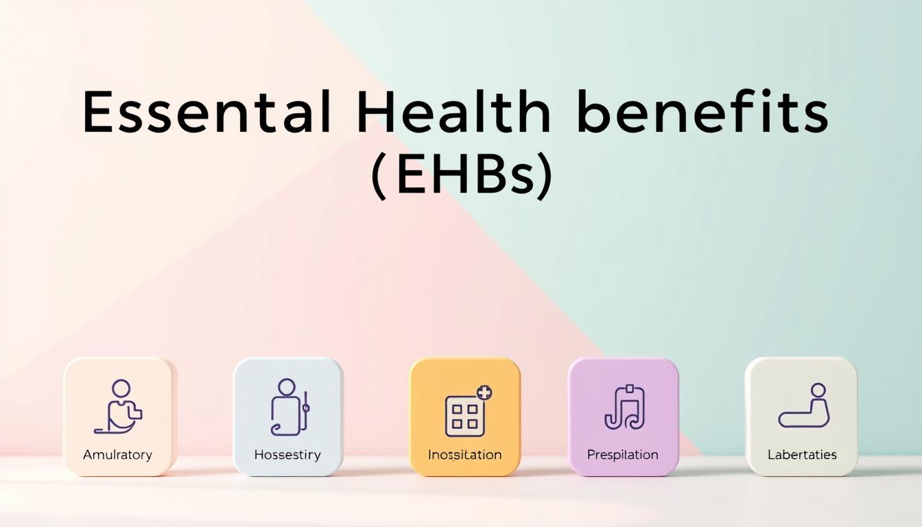 A modern, minimalist illustration of essential health benefits (EHBs). In the foreground, a clean and minimalist icon set depicting the 10 EHB categories - ambulatory patient services, emergency services, hospitalization, maternity and newborn care, mental health and substance use disorder services, prescription drugs, rehabilitative and habilitative services and devices, laboratory services, preventive and wellness services, and pediatric services. The icons are arranged in a grid, with a soft, vibrant color palette. In the middle ground, a simple, geometric background in a complementary color scheme. The overall mood is one of clarity, simplicity, and visual harmony, reflecting the comprehensive nature of EHBs. Soft, indirect lighting casts a warm, inviting glow across the scene.
