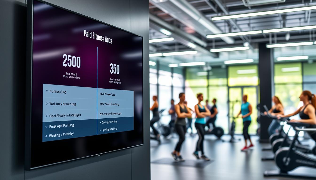 A modern, sleek gym interior with a prominent display showcasing the features and pricing of various paid fitness apps. The foreground features a large, high-resolution screen mounted on the wall, presenting a side-by-side comparison of the app subscriptions, their costs, and the unique benefits they offer. The middle ground includes a group of people engaged in various workout activities, their expressions conveying the value and satisfaction they derive from using the apps. The background is a vibrant, well-lit gym space with state-of-the-art equipment, creating an atmosphere of health, wellness, and technological integration.