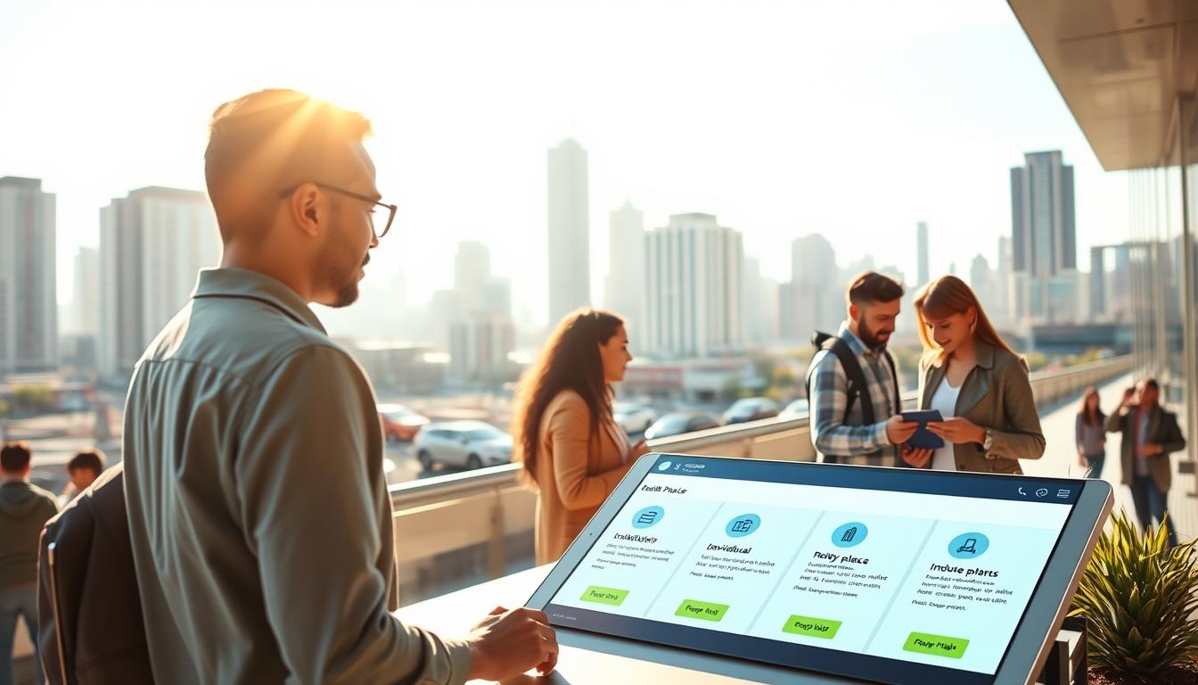 A modern, vibrant health insurance marketplace set in a sunlit, urban landscape. The foreground features a sleek, intuitive interface with easy-to-navigate options for individual and family plans. The middle ground showcases people of diverse backgrounds engaged in discussions, signing up for coverage. In the background, a cityscape of high-rise buildings and bustling streets conveys a sense of energy and accessibility. The lighting is warm and inviting, creating a welcoming atmosphere that emphasizes the importance of affordable, comprehensive healthcare for the self-employed.