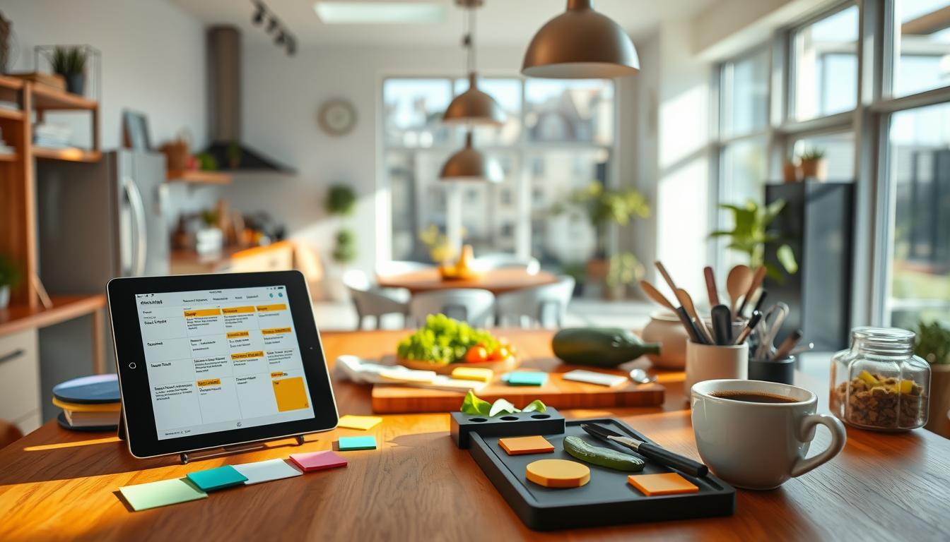 A modern, vibrant kitchen interior with a wooden table, overhead lighting, and various meal planning tools. In the foreground, a tablet or smartphone displays a weekly meal schedule, surrounded by colorful recipe books, sticky notes, and a cup of coffee. The middle ground features a cutting board with fresh produce, a spice rack, and cooking utensils, all bathed in warm, natural lighting. The background showcases an open concept living space with large windows, allowing natural sunlight to fill the room and create a sense of openness and productivity.