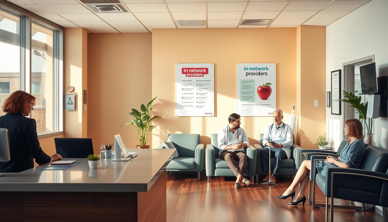 A modern, vibrant medical office setting with a receptionist desk in the foreground. Patients are seated in comfortable chairs, consulting with healthcare providers in the middle ground. The walls are adorned with informational posters highlighting "in-network providers" and cost-saving options. Warm, natural lighting illuminates the space, creating a welcoming atmosphere. The scene conveys a sense of accessibility, efficiency, and cost-consciousness in healthcare.
