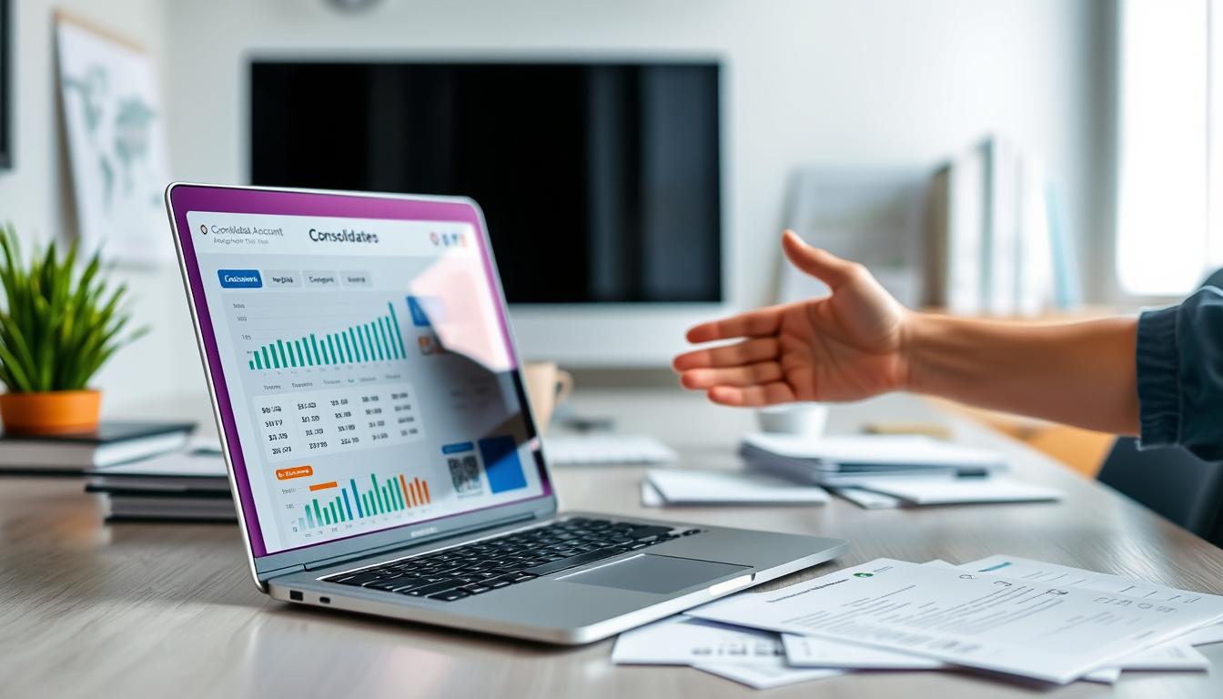A modern, vibrant office scene with a desk, computer, and financial documents. In the foreground, an open laptop displays a consolidated account interface, with charts, graphs, and transaction details. In the middle ground, a person's hands are gesturing towards the screen, signifying the action of consolidating accounts. The background is blurred, but suggests a well-lit, professional workspace with minimalist decor. The overall mood is one of efficiency, organization, and financial empowerment.