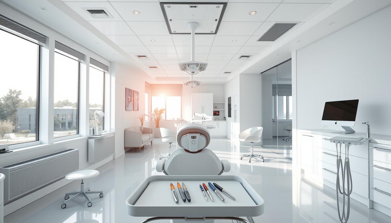 A modern, well-equipped dental clinic with sleek, minimalist design. In the foreground, a dentist's chair and dental instruments neatly arranged on a tray. Through large windows, sunlight streams in, casting a warm, vibrant glow over the pristine white walls and gleaming chrome accents. In the middle ground, a receptionist's desk and waiting area with comfortable seating, creating a welcoming atmosphere. The background features an open layout with state-of-the-art dental equipment and technology, reflecting the clinic's commitment to quality care. The overall scene conveys professionalism, cleanliness, and a focus on patient comfort and well-being.