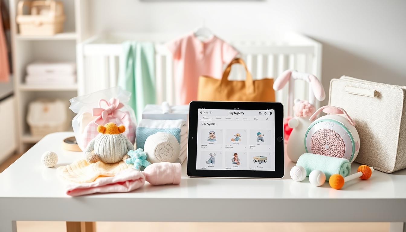 A modern, well-organized baby registry displayed on a sleek, minimalist table. The foreground features a tasteful arrangement of practical household items, baby clothes, and toys in a vibrant, pastel color palette. The middle ground showcases a tablet device displaying the online registry interface, with intuitive navigation and a clean, responsive design. In the background, a soft, natural lighting illuminates the scene, creating a warm, inviting atmosphere that conveys the excitement and preparation of welcoming a newborn into the family.