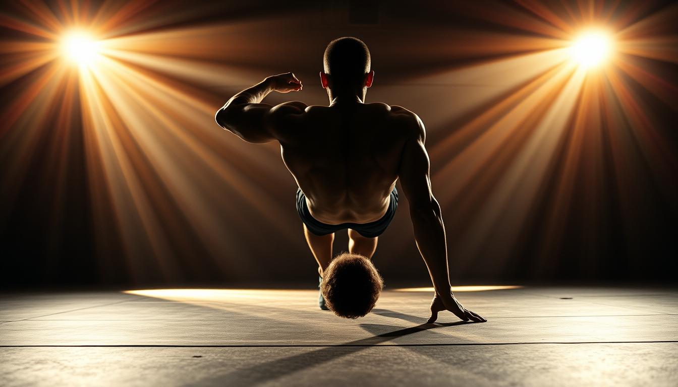 A muscular person effortlessly executing a one-armed push-up on a dimly lit, industrial-style gym floor. The figure is backlit, creating a dramatic silhouette. Beams of vibrant, warm light stream in from overhead, casting dramatic shadows and highlights across the scene. The athlete's movements are fluid and controlled, showcasing their advanced bodyweight exercise mastery. The overall atmosphere is one of power, precision, and the relentless pursuit of physical excellence.