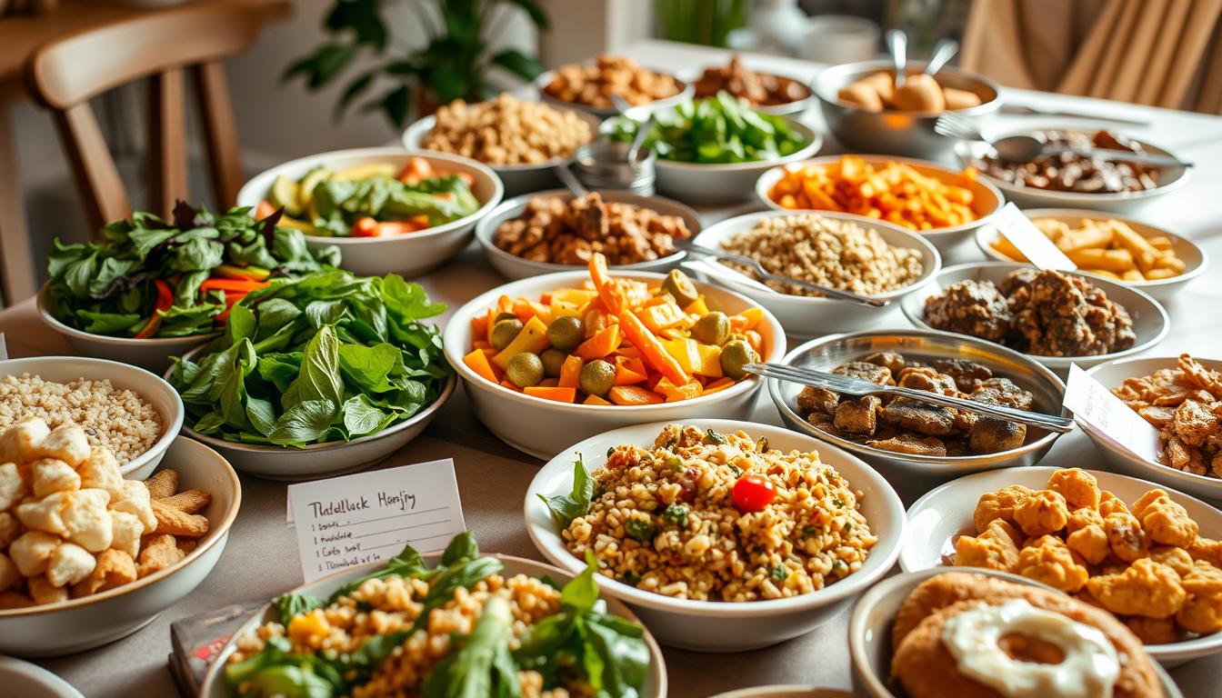 A neatly arranged table showcases a diverse spread of tempting dishes, their colors and textures creating a visually striking potluck menu. Crisp greens, vibrant roasted vegetables, and fluffy whole grain dishes take center stage, complemented by hearty protein options and decadent desserts. The scene is bathed in warm, natural lighting, capturing the inviting atmosphere of a well-planned and balanced gathering. In the foreground, hand-written recipe cards provide a personal touch, while the middle ground features an array of serving platters and utensils, all arranged with care. The background hints at a cozy, home-like setting, with hints of greenery and soft textiles adding to the overall sense of harmony and nourishment.