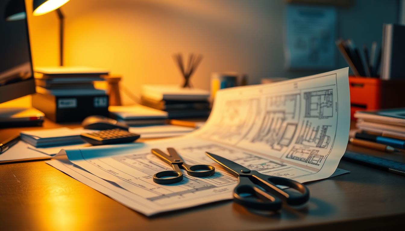A neatly organized desk, its surface cluttered with a variety of office supplies and documents, illuminated by warm, vibrant lighting that casts a soft, inviting glow. In the foreground, a blueprint or architectural plan unfolds, revealing intricate designs and measurements. In the middle ground, a pair of scissors, a calculator, and a ruler stand ready to trim and refine the plans. The background is hazy, blurred, suggesting a sense of focus and concentration on the task at hand. The overall mood is one of productivity, efficiency, and careful consideration of the details necessary to achieve the desired outcome.