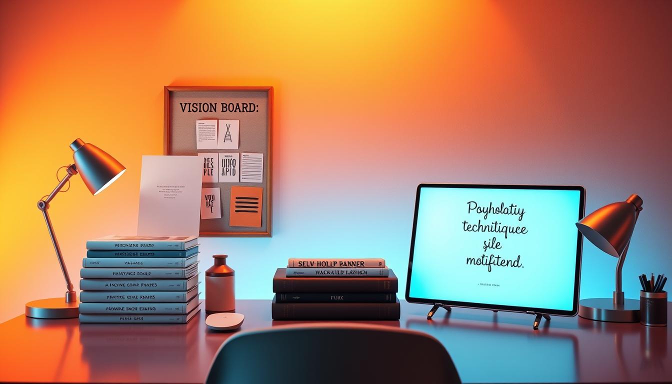 A neatly organized desk set against a vibrant gradient backdrop, featuring motivational objects like a vision board, a stack of self-help books, a goal-tracking planner, and a motivational quote displayed on a sleek digital frame. The lighting is bright and clean, casting a warm glow that creates a sense of focus and determination. The composition is balanced, with the desk placed slightly off-center to draw the eye towards the various elements that symbolize the psychological techniques for self-motivation. The overall atmosphere conveys a sense of productivity, inspiration, and a drive to achieve personal goals.