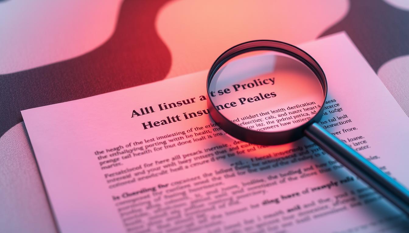 A neatly organized document displaying the fine print of a health insurance policy, with a magnifying glass highlighting the key details. The document is backlit by a warm, vibrant light, casting a soft glow over the intricate text and fine print. The background is a blurred, abstract pattern, adding depth and visual interest to the scene. The overall composition conveys a sense of careful attention to detail and the importance of thoroughly understanding one's health insurance coverage.