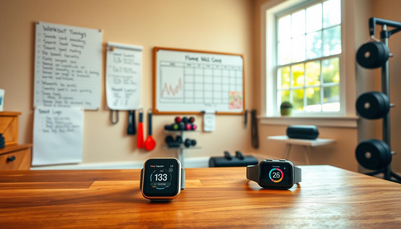 A neatly organized home gym with various fitness tracking devices and methods displayed prominently. In the foreground, a sleek smartwatch and fitness tracker sit atop a wooden table, their screens displaying workout metrics and progress. In the middle ground, a wall-mounted whiteboard showcases handwritten workout logs and progress charts, creating a sense of structured organization. The background features a large window, allowing natural, vibrant lighting to flood the space and create a warm, motivating atmosphere. The overall scene conveys a harmonious balance between technology and analog methods, all working together to facilitate effective fitness progress tracking.