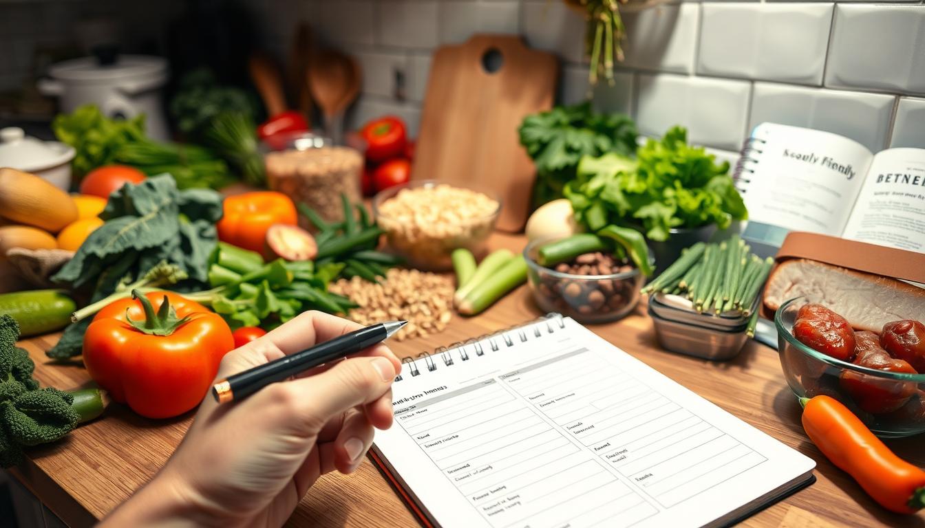 A neatly organized kitchen counter with a variety of fresh produce, whole grains, and lean protein sources. Soft, warm lighting illuminates a cutting board, a cookbook, and a meal planning notebook. In the foreground, a hand holds a pen, ready to map out a balanced, budget-friendly weekly menu. The scene conveys a vibrant, intentional atmosphere of healthy, cost-effective meal preparation.