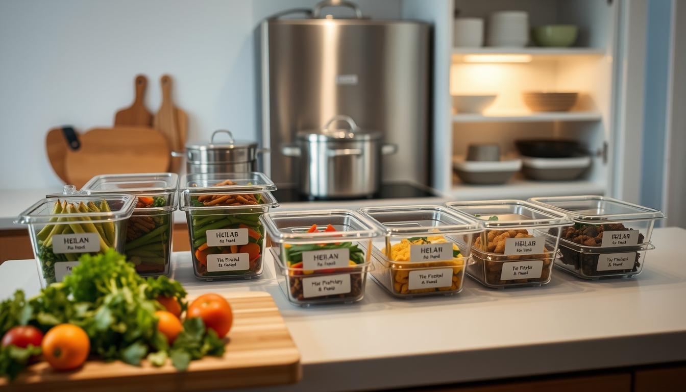 A neatly organized kitchen counter with an array of single-portion meal containers, each labeled with a different healthy dish. Soft, warm lighting illuminates the scene, casting a cozy glow. In the foreground, a cutting board with fresh vegetables and herbs suggests the process of meal preparation. The middle ground features a sleek, vibrant set of stainless steel cookware, hinting at the culinary expertise behind these personalized meals. The background showcases a minimalist, organized pantry, reflecting the convenience and efficiency of a single-person meal prep service. A neatly organized kitchen counter with an array of single-portion meal containers, each labeled with a different healthy dish. Soft, warm lighting illuminates the scene, casting a cozy glow. In the foreground, a cutting board with fresh vegetables and herbs suggests the process of meal preparation. The middle ground features a sleek, vibrant set of stainless steel cookware, hinting at the culinary expertise behind these personalized meals. The background showcases a minimalist, organized pantry, reflecting the convenience and efficiency of a single-person meal prep service.