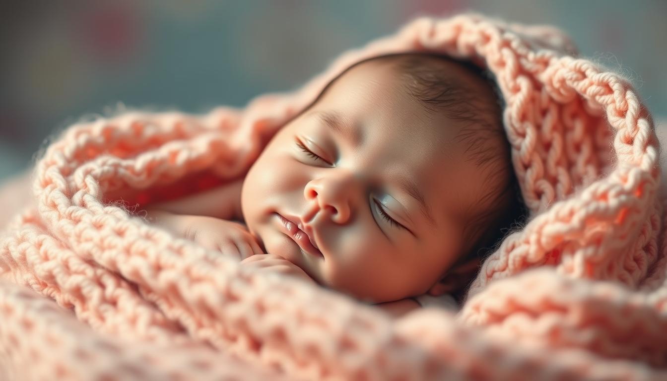 A newborn baby lying peacefully in a cozy knitted blanket, with a soft, vibrant color palette. The baby's chubby cheeks and delicate features are gently illuminated by warm, natural lighting, casting a soothing glow. The background is blurred, creating a dreamlike, serene atmosphere, with hints of pastel colors or subtle patterns. The overall composition evokes a sense of tenderness, comfort, and the joyful arrival of a new life.