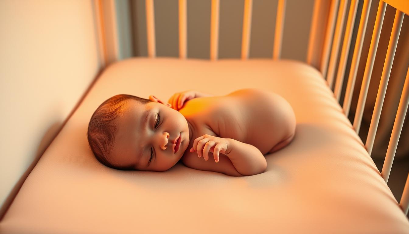 A newborn baby lying peacefully in a soft, cozy crib, bathed in warm, vibrant lighting that casts a gentle glow on their delicate features. The baby's skin is flawless, their tiny fingers gently curled, and their expression serene, conveying a sense of tranquility and wonder. The crib is positioned in a serene, minimalist nursery setting, with neutral-toned walls and simple, elegant furnishings that create a calming atmosphere. The overall scene evokes a sense of tenderness, care, and the joyful beginnings of a new life.