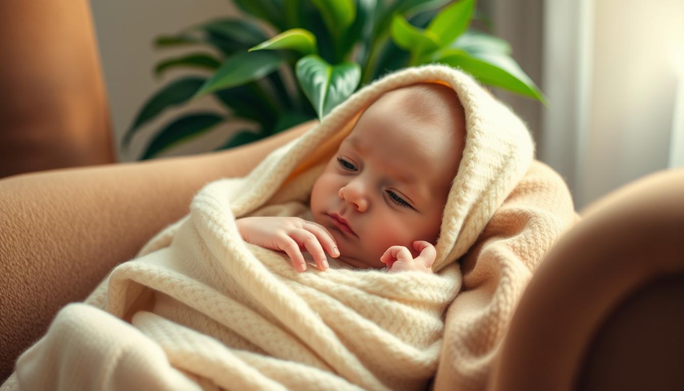 A newborn baby swaddled in a soft, cozy blanket, nestled in a plush armchair. The baby's peaceful expression and tiny, chubby fingers convey a sense of contentment. Warm, soft lighting casts a gentle glow, creating a serene, inviting atmosphere. The background features a vibrant, leafy plant, adding a touch of nature and life to the scene. The overall composition evokes a feeling of comfort, joy, and the preciousness of saving money while welcoming a new life.