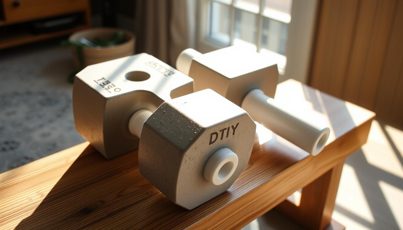 A pair of DIY concrete weights with ergonomic PVC handles resting on a wooden workout bench. The weights are cast in a mold, with a smooth, matte finish. Sunlight streams in from a nearby window, casting warm, vibrant shadows across the surface. The scene conveys a sense of homemade functionality and a vibrant, do-it-yourself aesthetic, perfectly suited for a home gym setup.