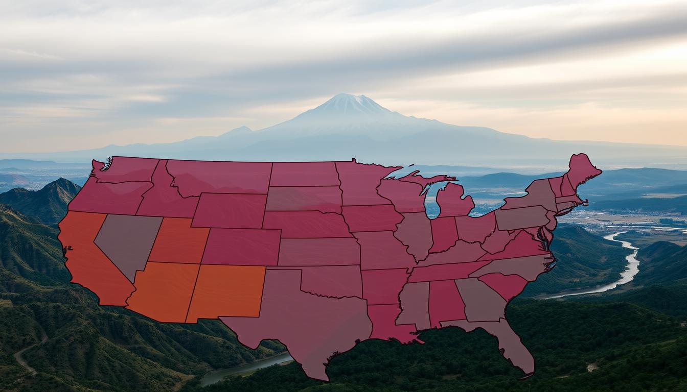 A panoramic landscape depicting the overall state of the United States, captured with a wide-angle lens. In the foreground, a vibrant mosaic of state outlines in varying hues, each reflecting the diverse economic and social conditions. The middle ground features rolling hills and winding rivers, symbolizing the interconnectedness of the states. In the background, a majestic mountain range stands tall, its peaks shrouded in a soft, atmospheric light, representing the enduring strength and resilience of the nation. The overall scene conveys a sense of dynamism, diversity, and the delicate balance that defines the states' collective well-being.